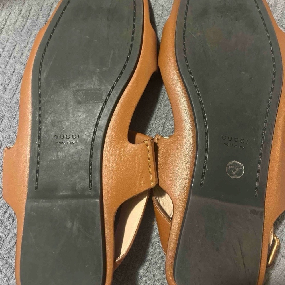 RARE SET Gucci Marmont Tan Leather Flat Sandals Size 39 / US 9 + Rainbow Dustbag - Picture 13 of 15